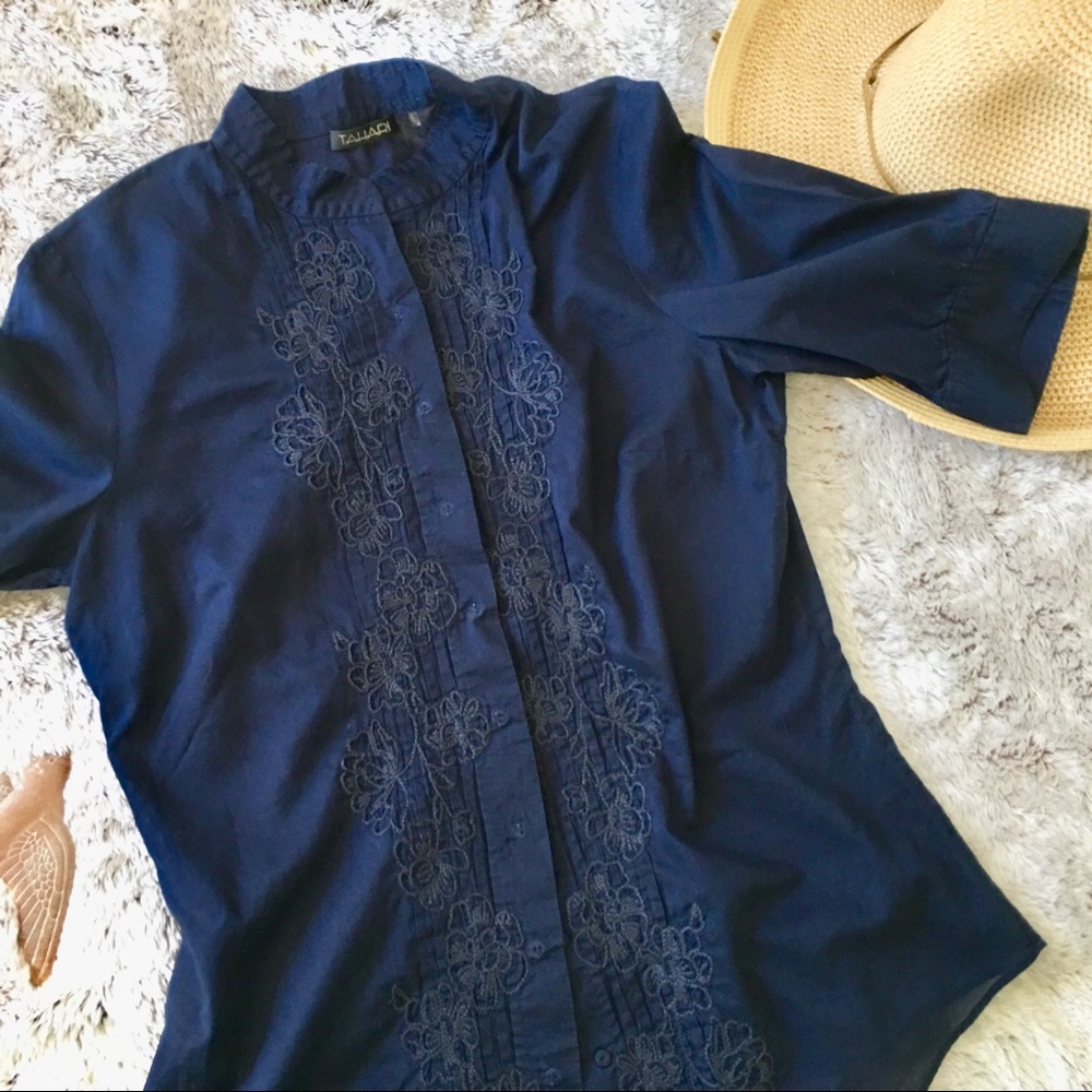 Tahari Navy Blue Floral Embroidery  Sz S/P Cotton